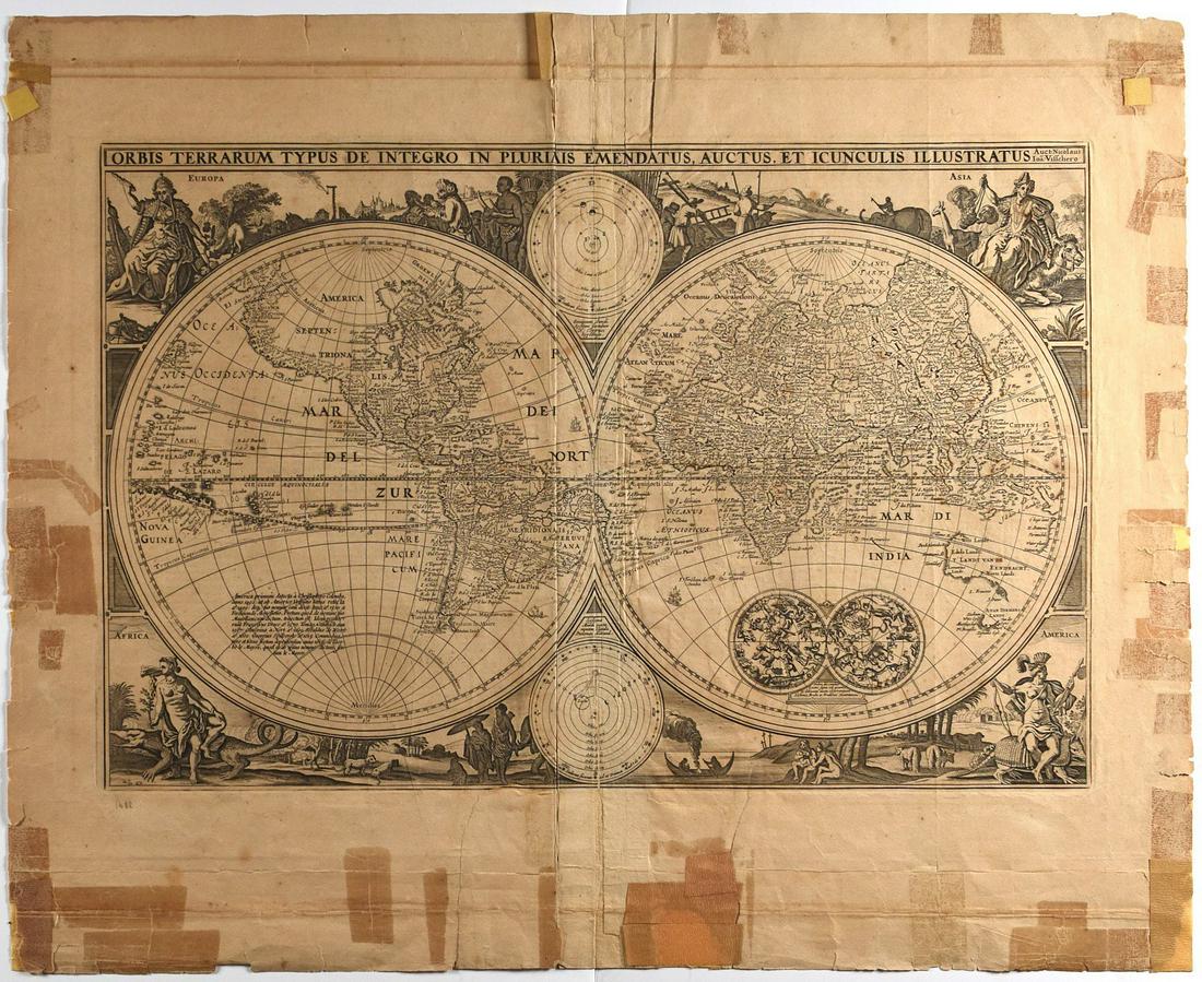 Nicolaes Visscher World Map 1657: Nicolaes Visscher I (1618-1679), "Orbis Terrarum Typus de Integro in Plurimis Emendatus, Auctus, et Icunculis Illustratus," Amsterdam, 1657. Highly detailed world map in two hemispheres. Thr