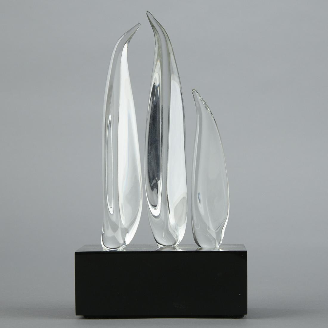 Guyol for Cartier Three Crystal Teardrops Sculpture: Guyol (b. 1935) for Cartier, France. Three glass crystal abstract teardrops sculpture set on a lucite base. Signed, dated 1980, and numbered 75/700 along the base. Height: 7 1/2 in x width: 4 in x dep