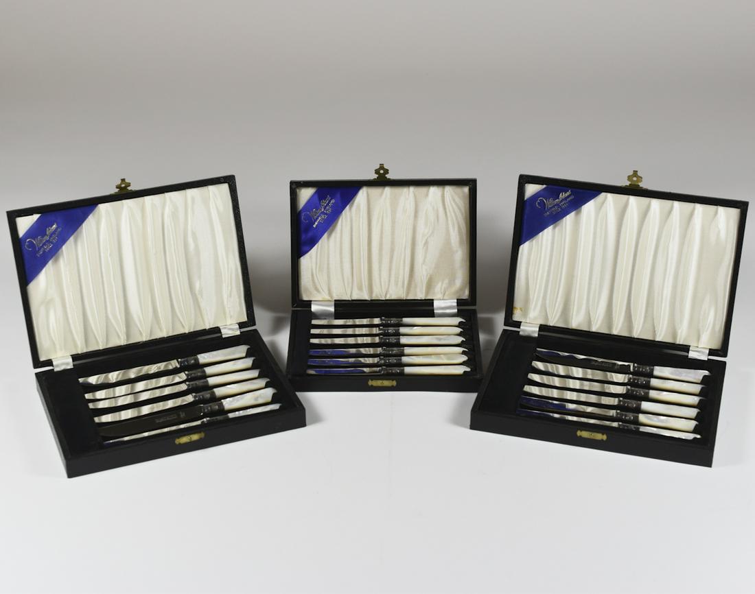 3 Cases of William Adams Knives: Three cases of William Adams knives. Sterling silver and mother-of-pearl handles with stainless steel blades. Includes 12 steak knives and 6 fruit knives.