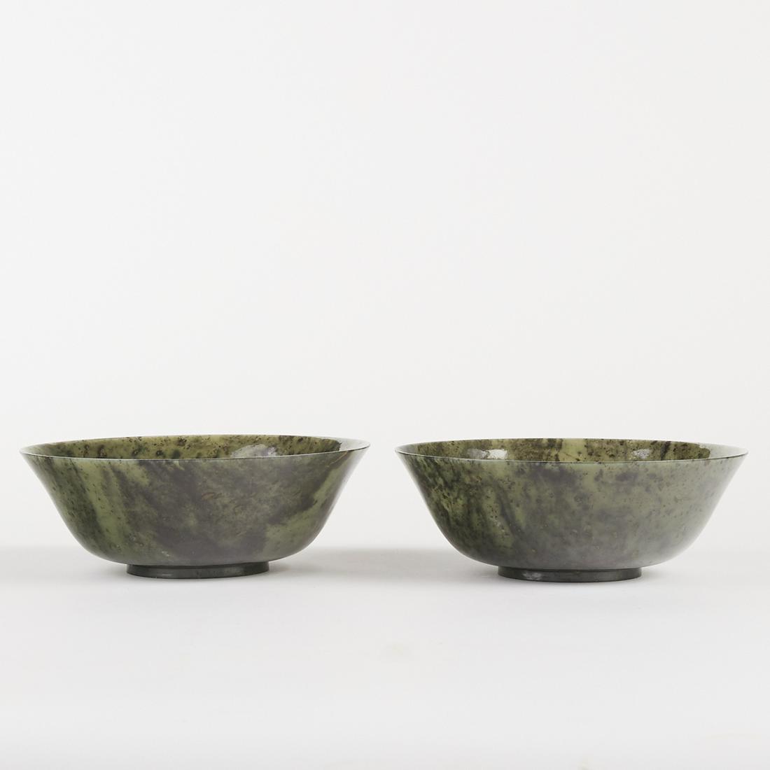 Pair Early 20th c. Chinese Spinach Jade Bowls (1 of 6)