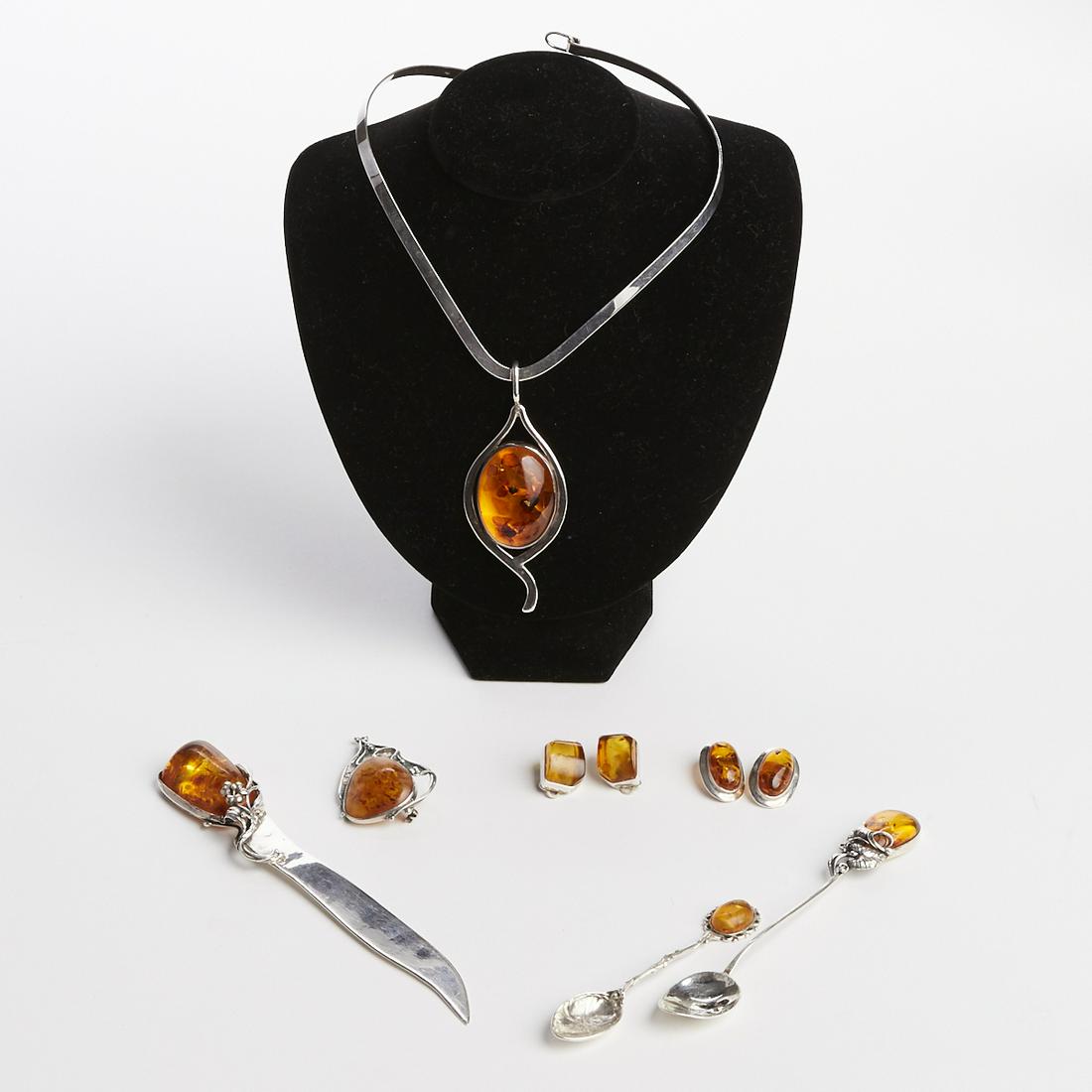 Grp: Art Nouveau Amber Sterling Silver Jewelry & (1 of 10)
