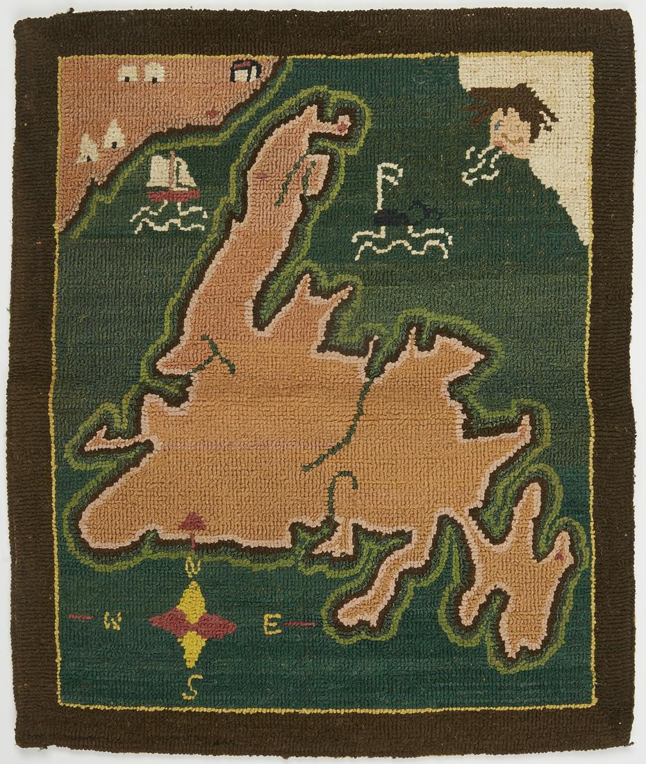 Grenfell Labrador Industries Map Hook Rug Mat: Grenfell Mission, Newfoundland & Labrador, Canada. Small textile map of Newfoundland with motifs such as a ship and whale in the water, wind personified, and a compass along the lower left. Label whic