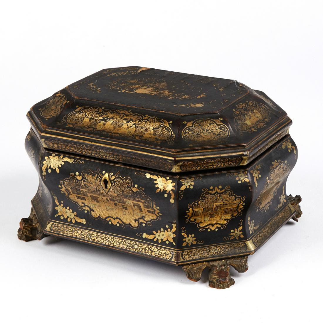 19th c. Chinese Export Gilt Lacquer Tea Caddy (1 of 3)