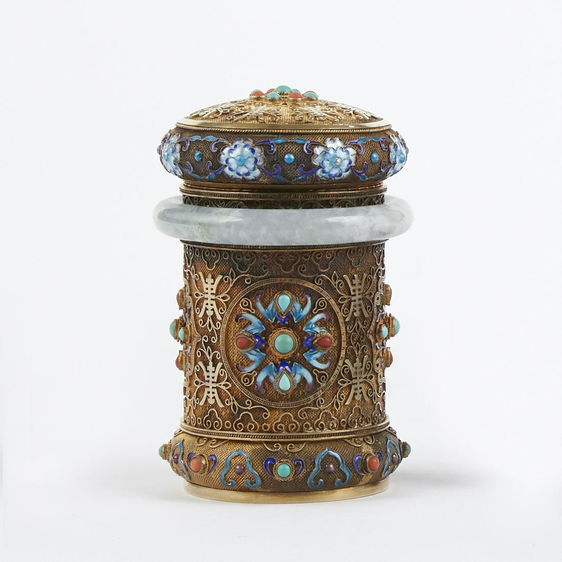 Chinese Republic Enameled Silver Gilt Tea Caddy w/ Jade (1 of 8)