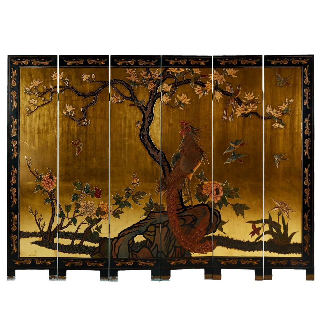 Chinese 6-Panel Lacquered Floor Screen (1 of 4)