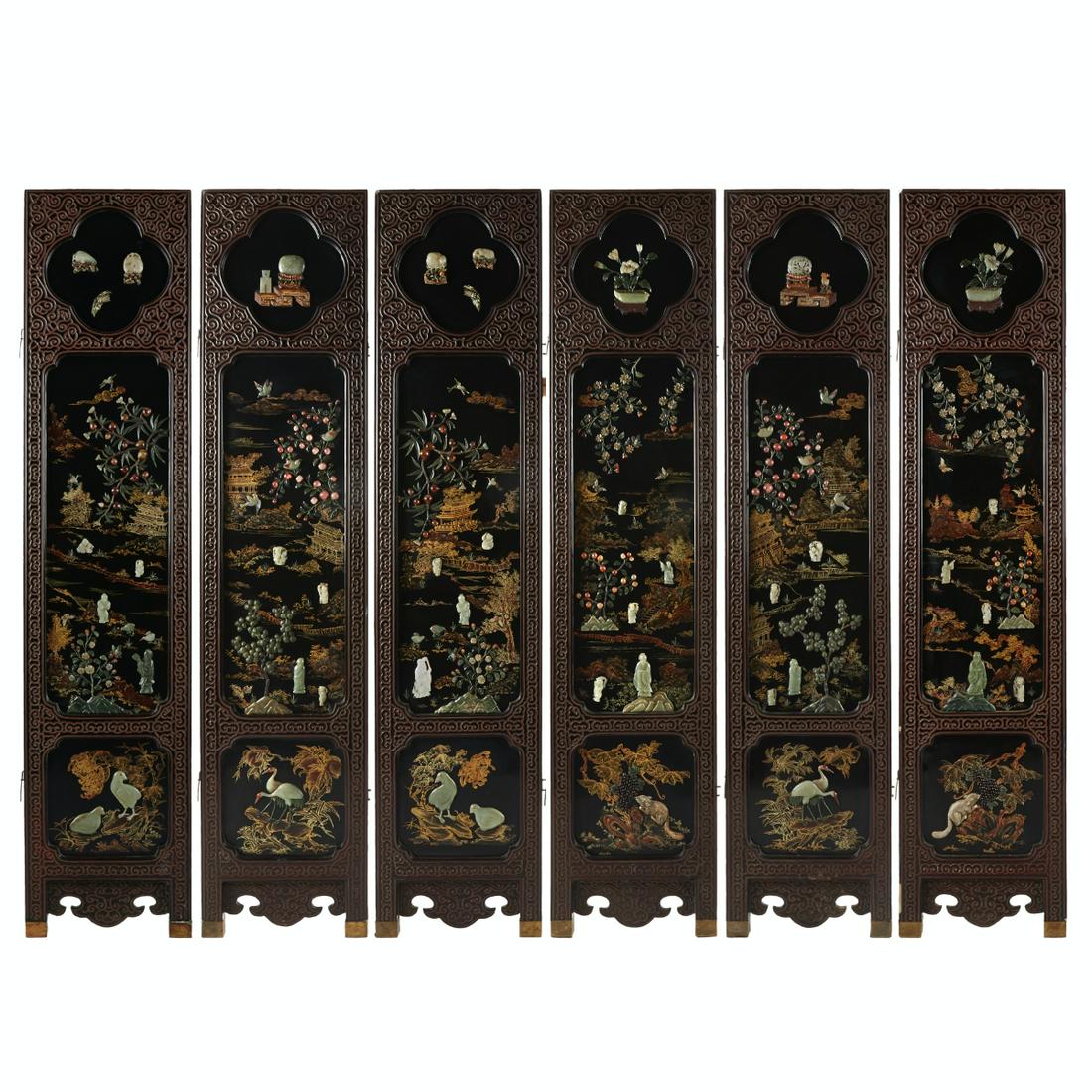 Chinese Lacquer Jade 6-Panel Screen w/ Jade Insets (1 of 14)
