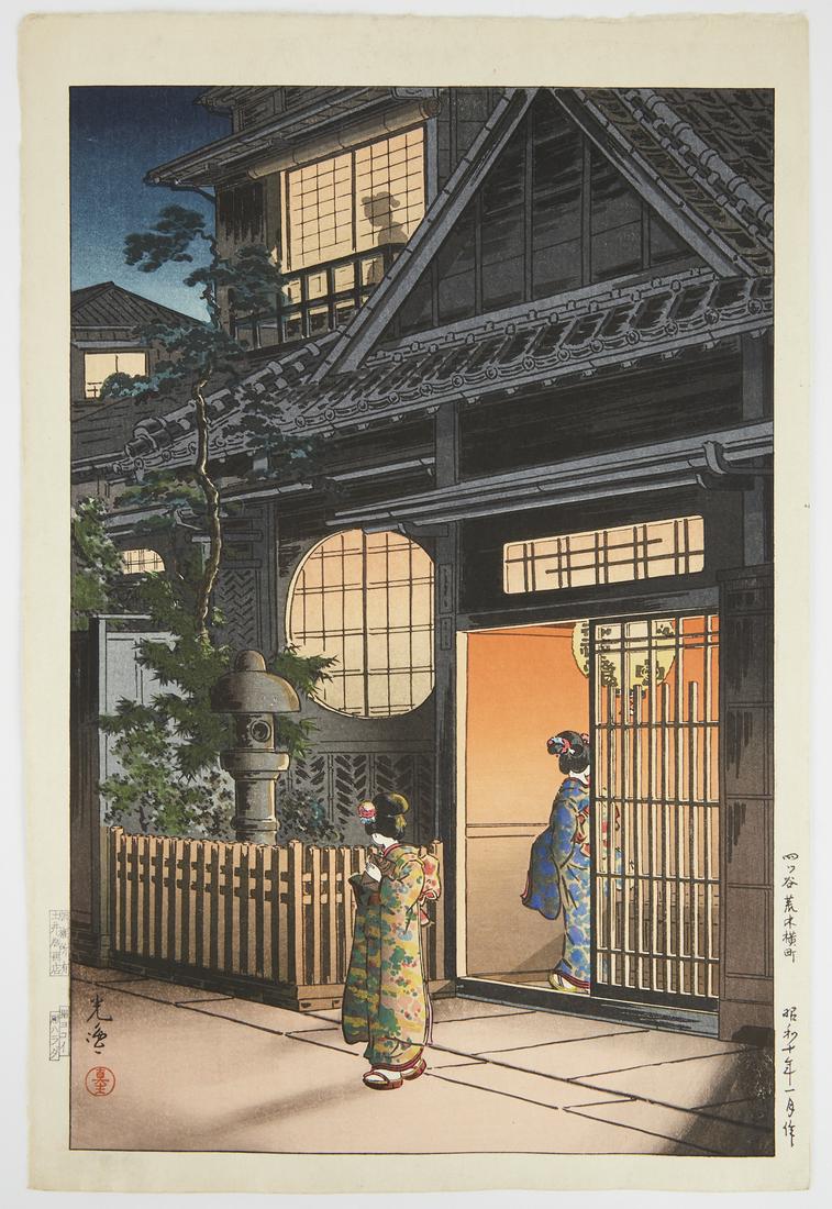 Tsuchiya Koitsu "Teahouse Yotsuya Arakicho" Japanese: Tsuchiya Koitsu (1870-1949). 20th century Japanese woodblock print titled "Teahouse - Yotsuya Arakicho." Height: 15 3/4 in x width: 10 1/2 in.