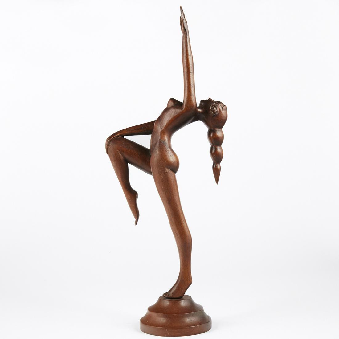 Jose Pinal Female Nude Dancing Mexican Wood Sculpture: Jose Pinal (1913-1983). Mexican wood sculpture of a female nude dancing. Incised signature along the base. Jose Pinal was often called "The Mexican Picasso" and one of his carvings was used 