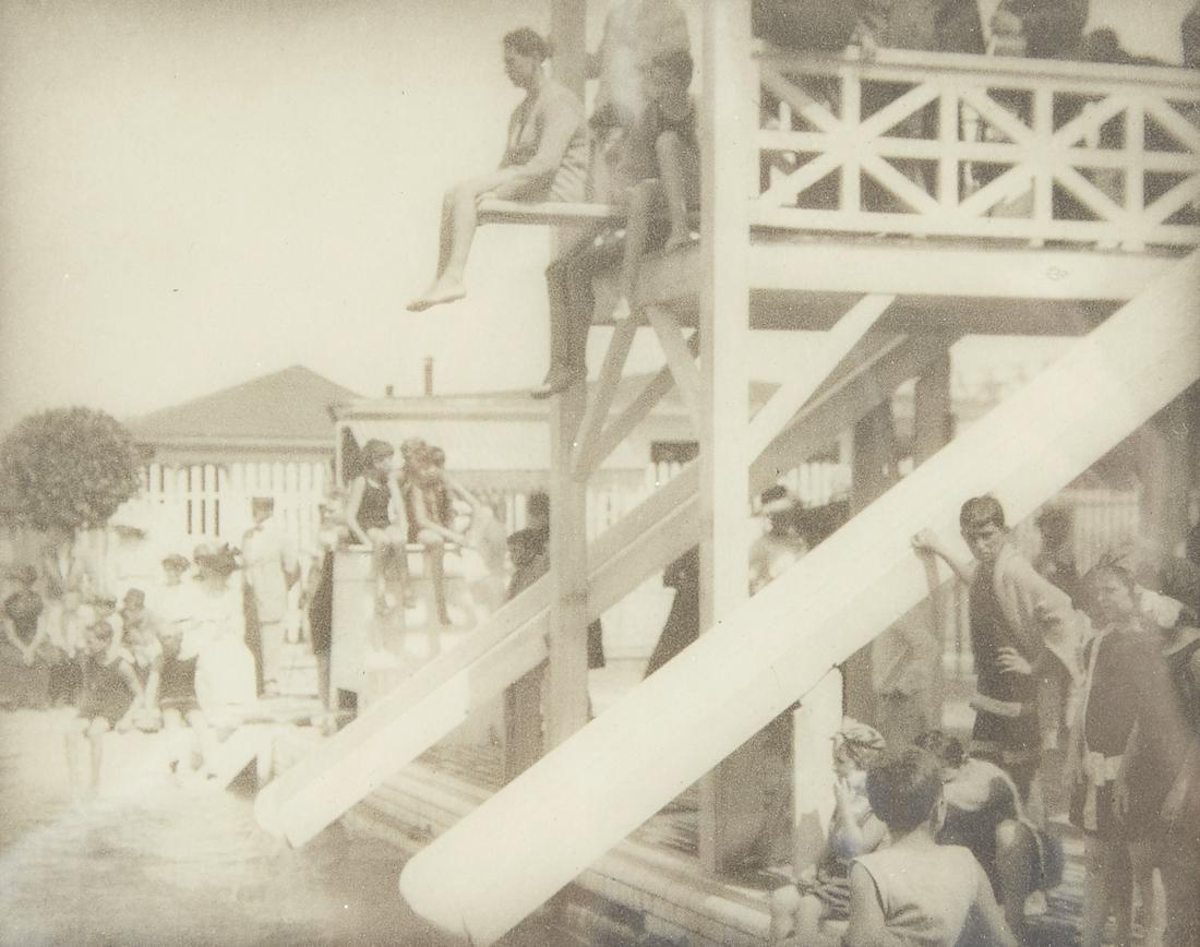 Alfred Stieglitz "The Pool" Photogavure: Alfred Stieglitz (1864-1946). Photogravure titled "The Pool," 1911; depicting a pool scene in the early 20th century.Provenance: Private collection, Minnesota.Sight; height: 5 in x width: 6