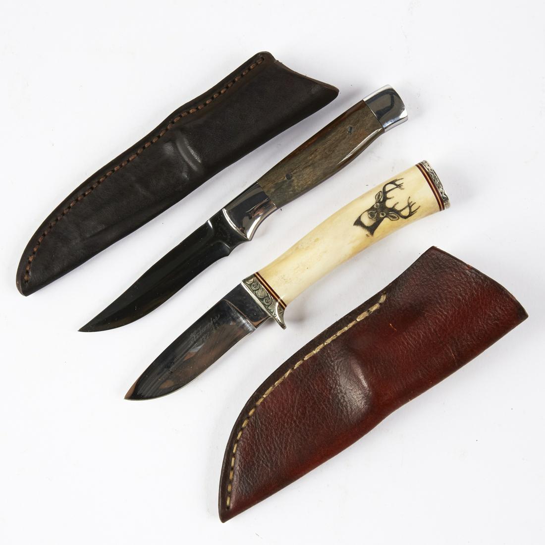 Grp: 2 Custom Knives - Hebeisen & Fuchs Kudlas Fields: Group of two custom artisanal fixed blade knives. One by local knife maker Jeff Hebeisen, Hopkins, Minnesota with a horn or bone handle, intricate filework along the spine, and marked "J. Hebeise