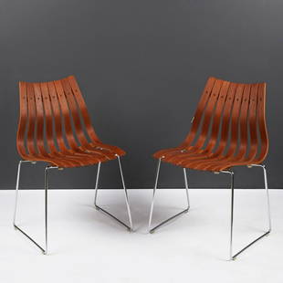 Pair Hans Brattrud Midcentury Scandia Chairs: Hans Brattrud (1933-2017) for Hove Mobler, Norway. Pair of mid-century modern Scandia dining chairs, ca. 1957. Teak and chrome plated steel.Each; height: 32 in x width: 19 in x depth: 17 in.