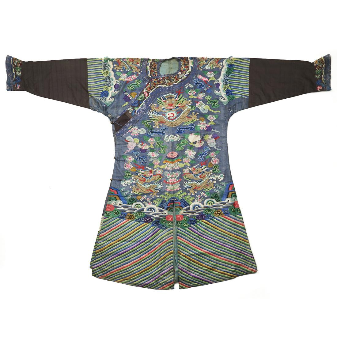 19th C. Qing Chinese Blue Silk Brocade Dragon Robe: 19th century Qing Chinese blue silk brocaded robe decorated with various colors and pearl and dragon motifs throughout. Height: 56 in x width: 78 in.
