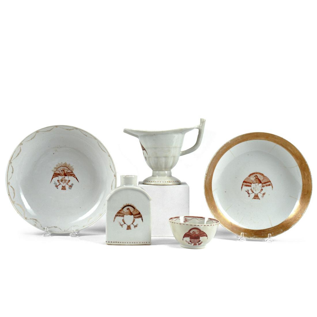 Grp: Rare Chinese Export Porcelain Eagle Decorated: Group of rare Chinese export porcelain dishes, each decorated with an eagle and shield motif, including two saucer dishes, one bowl, one dome-shouldered tea caddy, and one helmet creamer. Height range