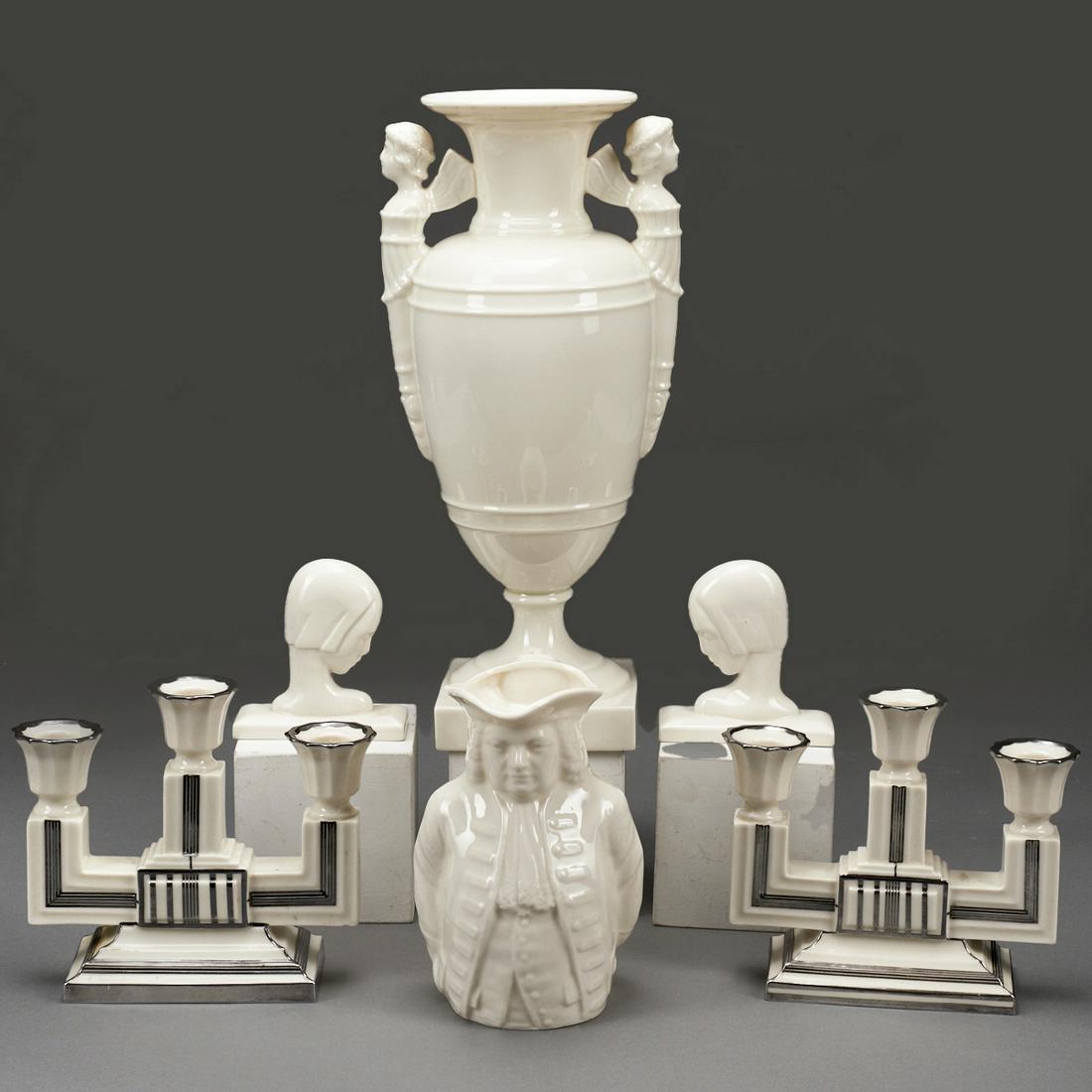 Grp: 6 Lenox Porcelain Deco Vase Candelabra Jug: Group of six Lenox porcelain objects including two Deco style triple candelabras, one Lenox Toby Jug, two Deco women, and one large Lenox two-handled vase with an Ovington's New York label affixed to 