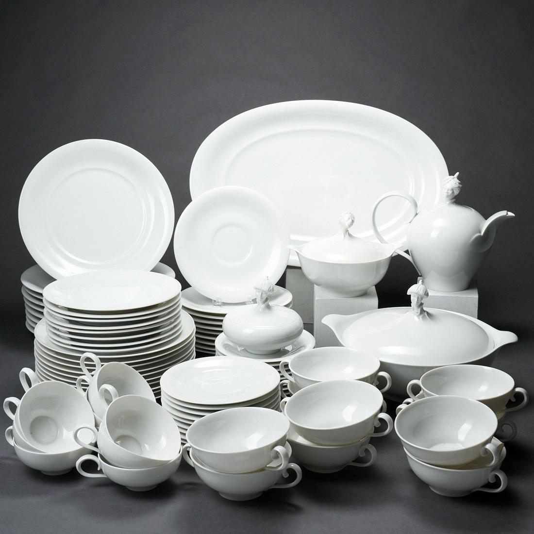 Ena Rottenberg Augarten Vienna Porcelain Dining Set: Ena Rottenberg (Romanian, 1893-1952) for Augarten, Vienna, Austria. White porcelain dining set containing nine tea cups, eight demitasse saucers, ten tea cup saucers, ten saucer plates, one lidded sug