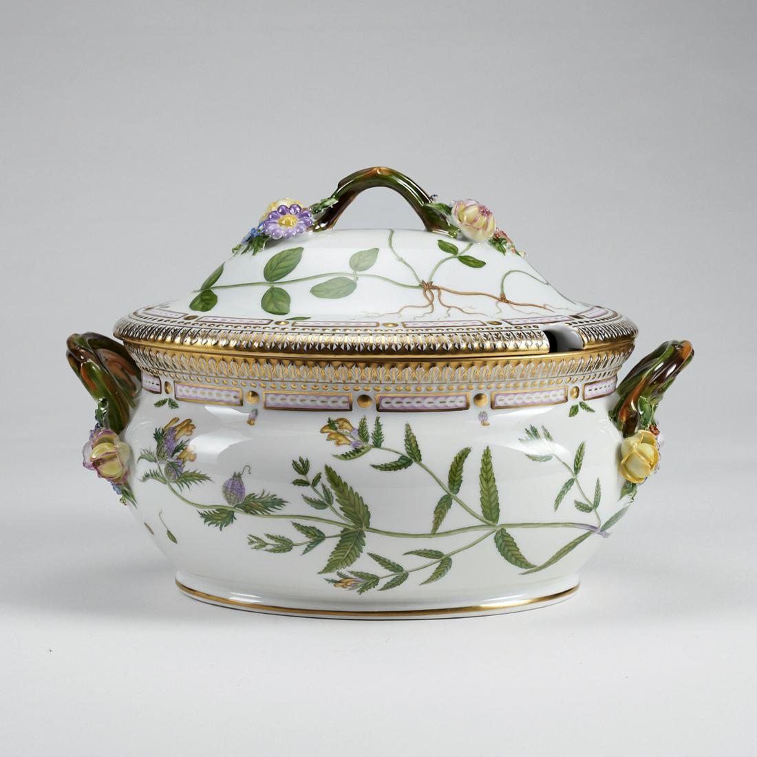 Royal Copenhagen Flora Danica Soup Tureen: Royal Copenhagen, Denmark. Flora Danica porcelain soup tureen. Hand molded porcelain floral details with hand gilding and hand-painted botanical illustrations. Blue wave and printed green marks along 