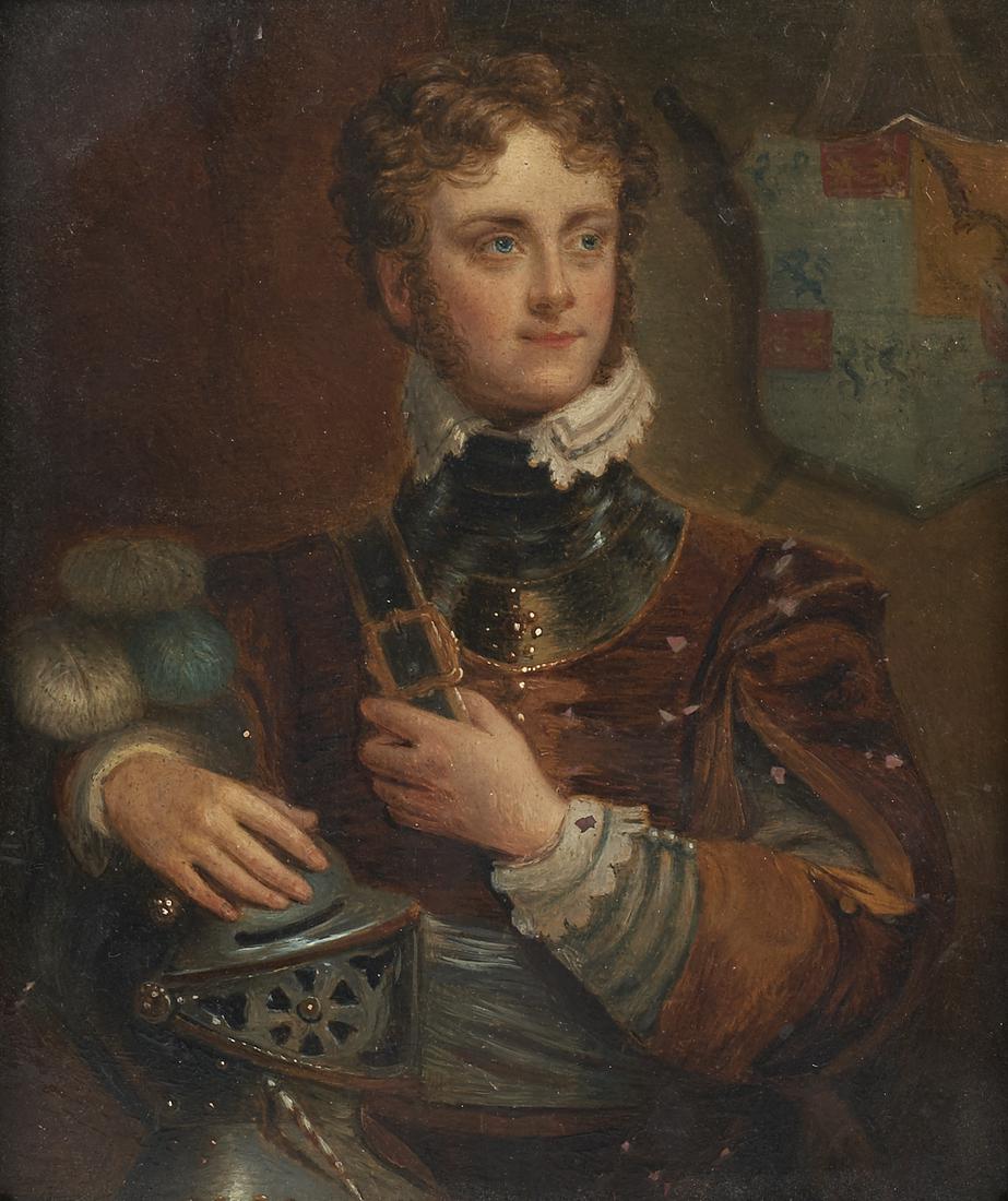 Oil on Copper Portrait with Leather Frame - Marked: Oil on copper Continental School portrait painting of a nobleman seated with his arm resting on a helmet and a coat of arms hanging in the far right background. Numbered "No. 2" along the ve