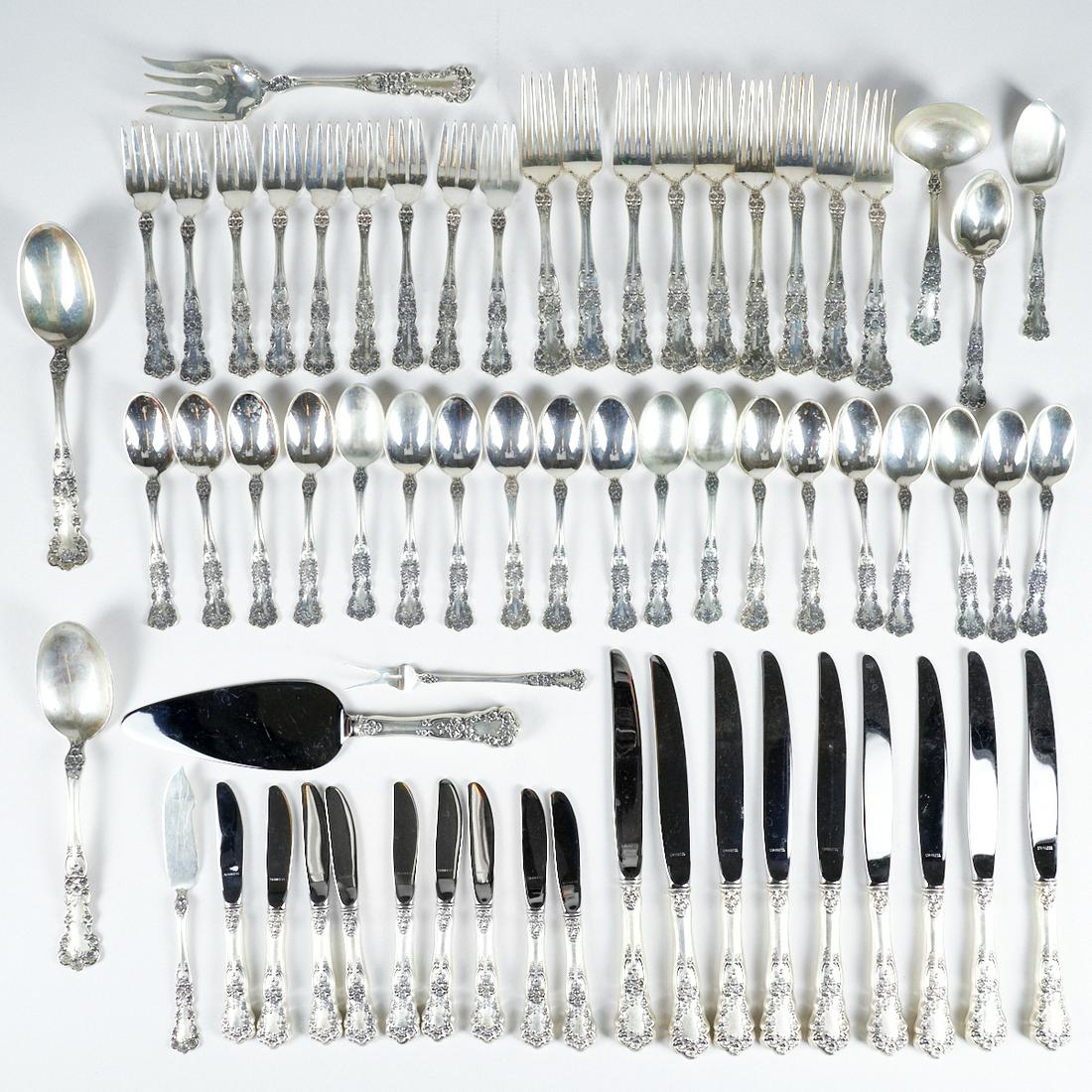 Set of Gorham Buttercup Sterling Silver Flatware: Set of Gorham Buttercup sterling silver flatware housed in a wooden case. Each piece is marked along the underside with "PATENT 1900," "STERLING," "GORHAM STERLING," or &