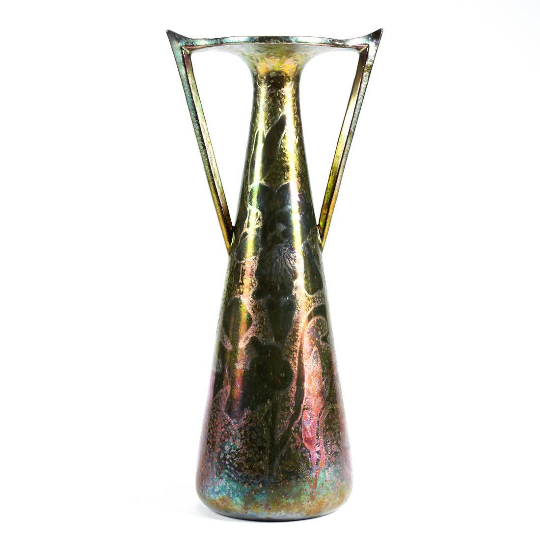 Frederic Danton Limoges Metallic Luster Floral Vase: Frederic Danton (French, 1874-1932) for Got-Barbat, Limoges. Art Nouveau ceramic double-handled vase with a metallic luster glaze in an iridescent gradient of gold, green, and red, decorated with a fl