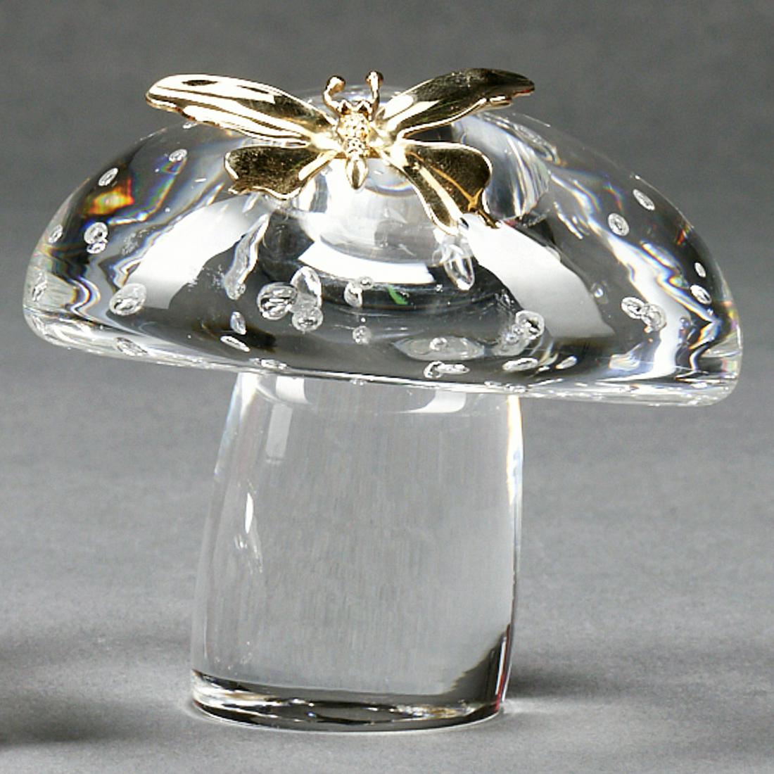 Steuben Crystal Mushroom w/ 18K Butterfly: James Houston (American, 1921-2005) for Steuben, United States. Crystal mushroom mounted with an 18K gold butterfly, ca. 1960s. The cap of the mushroom is molded with interior air bubbles, creating a