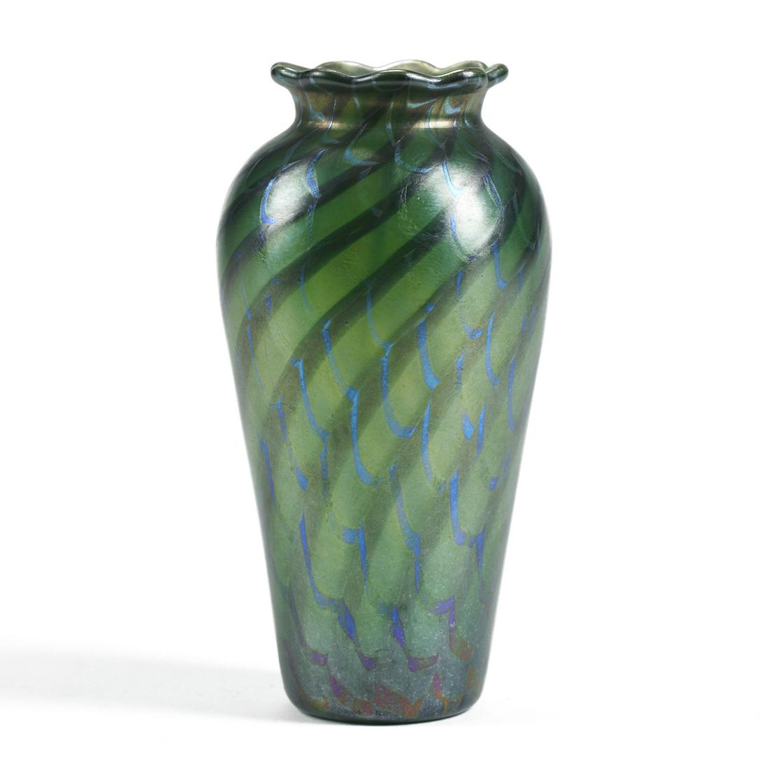 Kew Blas Iridescent Green Art Glass Vase: William S. Blake for Union Glass Company, Somerville, Massachusetts. Kew Blas art glass vase with a lobed rim decorated with an iridescent green and blue striped surface. Marked with the wide etched &