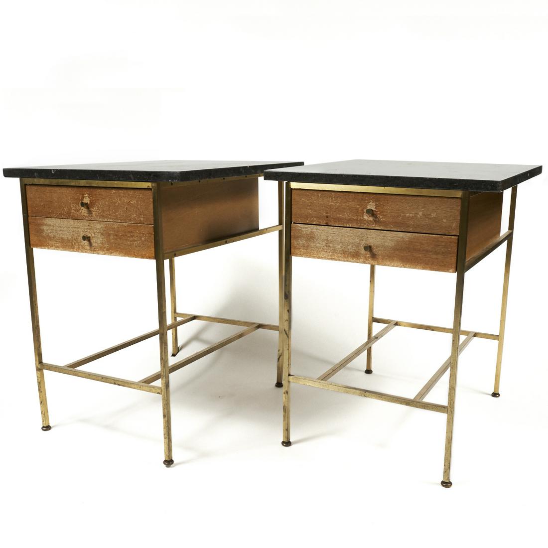 Pr: Paul McCobb for Calvin Irwin Occasional Tables: Paul McCobb (American, 1917-1969) for Calvin Furniture Co., United States. Pair of Irwin Collection occasional tables, 1952. Granite, mahogany, brass. Brass manufacturer's label along the interior of