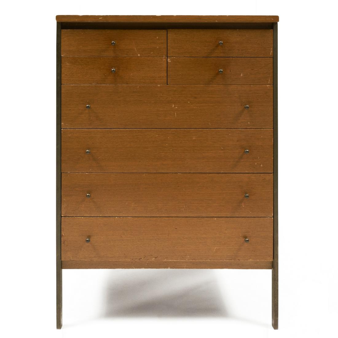 Paul McCobb Connoiseur Collection Cabinet: Paul McCobb (American, 1917-1969) for H. Sacks and Sons, United States. Connoiseur Collection cabinet, model 7025, 1950s. Mahogany and brass. Eight drawers. Distributor's label along the interior of o