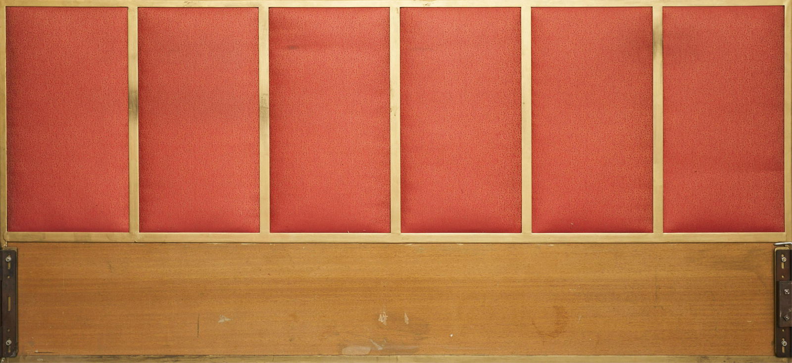 Paul McCobb Headboard for Calvin Furniture: Paul McCobb (1917-1969) for Calvin Furniture, United States. Mid-century modern bed headboard. Retains its original brass and red and gold floral upholstery.Height: 36 in x 78 in.