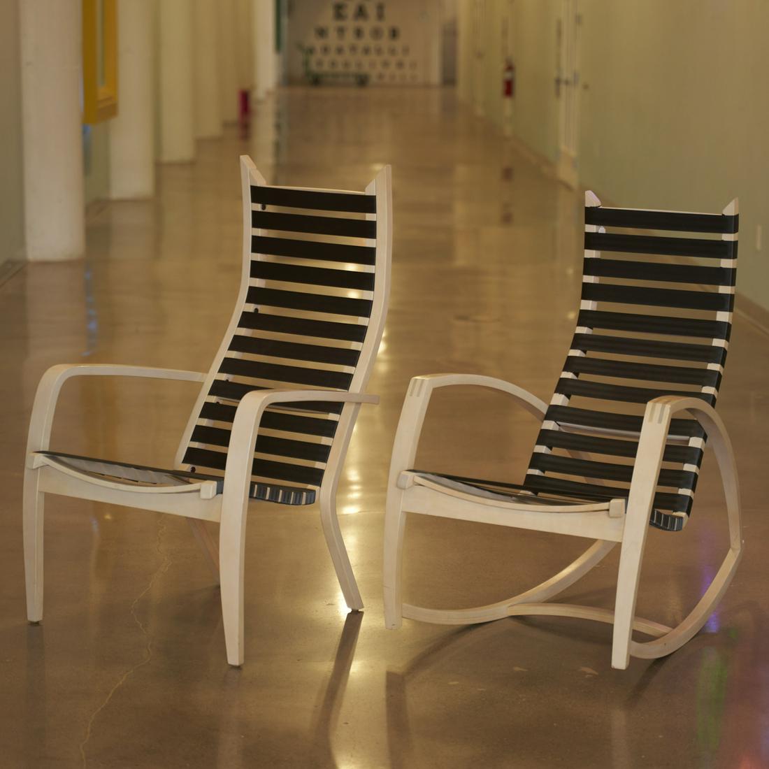 Grp: 2 Peter Danko Atmos Lounge & Rocker Chairs: Peter Danko, Pennsylvania, USA. Group of two Atmos chairs including one Lounge chair and one Rocker chair. The frames are made from prime grade bent-ply maple and the seats and backs are constructed f
