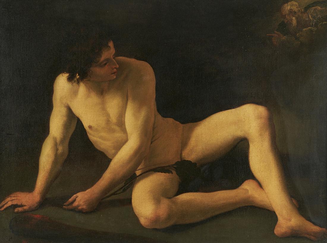 Baroque Italian Old Master Adam Addressed by God Oil on: 17th century Baroque Italian Old Master oil on canvas painting of a man in repose representing the biblical scene of Adam being addressed by God from the clouds. Executed in striking high contrast. Si