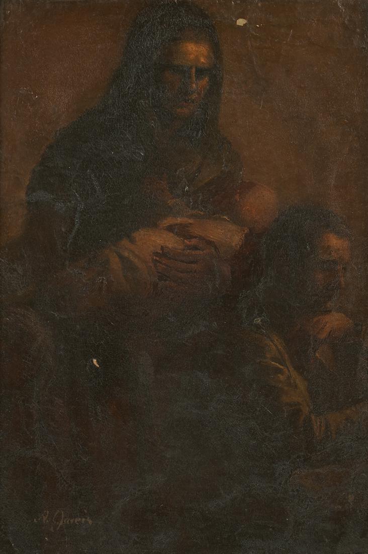 Antonin Gareis Mother & Child Oil on Board: Antonin Gareis the Younger (Czech, 1837-1922). Oil on board depicting a mother, child, and father, possibly a rendering of the Holy Family. Signed along the lower left. Inscription on the verso regard