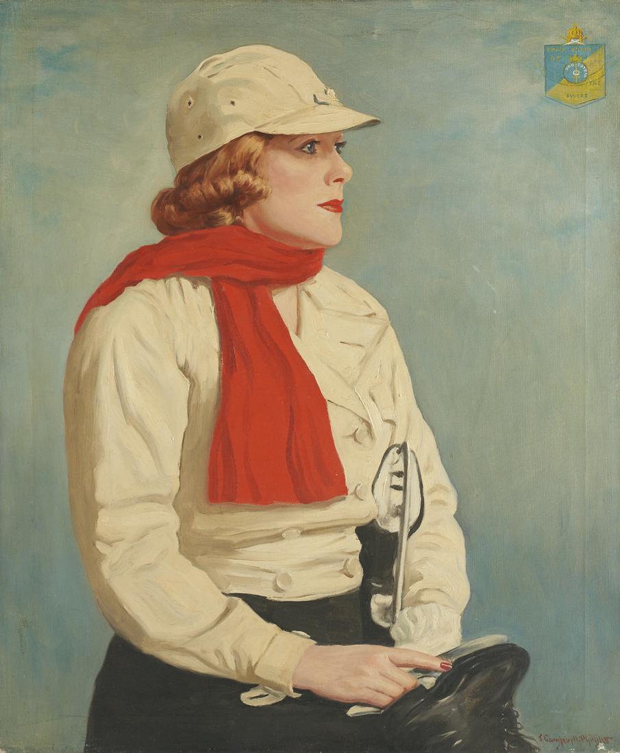 J. Campbell Phillips Portrait of a Female Ice Skater: Jay Campbell Phillips (American, 1873-1949). Oil on canvas painting depicting a portrait of a female figure in a red scarf and white cap holding a pair of ice skates. The Swedish Royal Order of the Sw