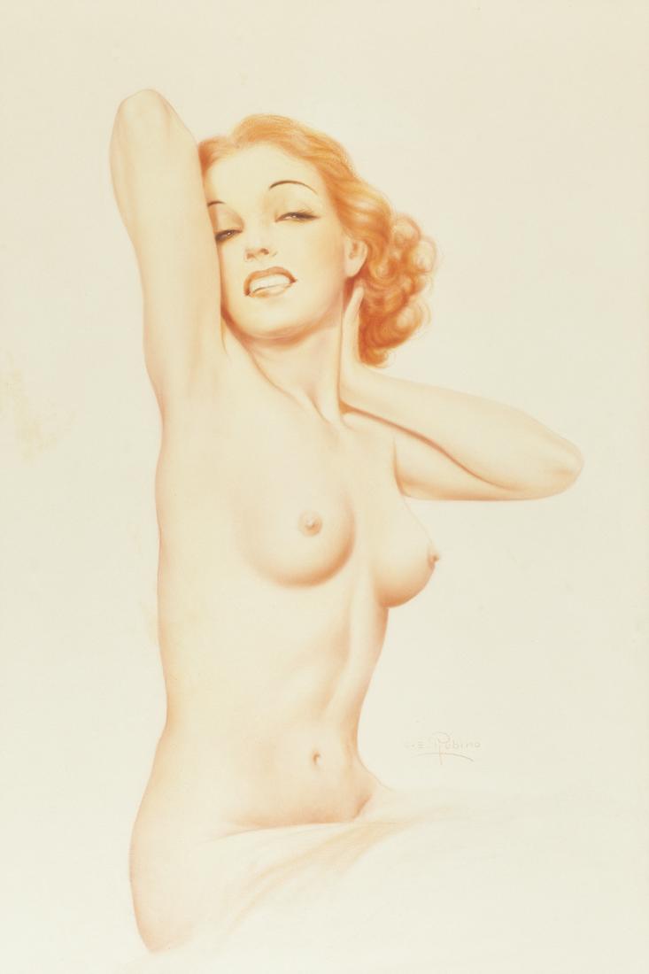 Charles Rubino Female Nude Pastel Drawing: Charles E. Rubino (American, 1896-1973). Pastel drawing of a female nude seated with her arms stretched behind her head. Signed along the lower right. Sight; height: 25 3/4 in x width: 17 1/4 in. Fram