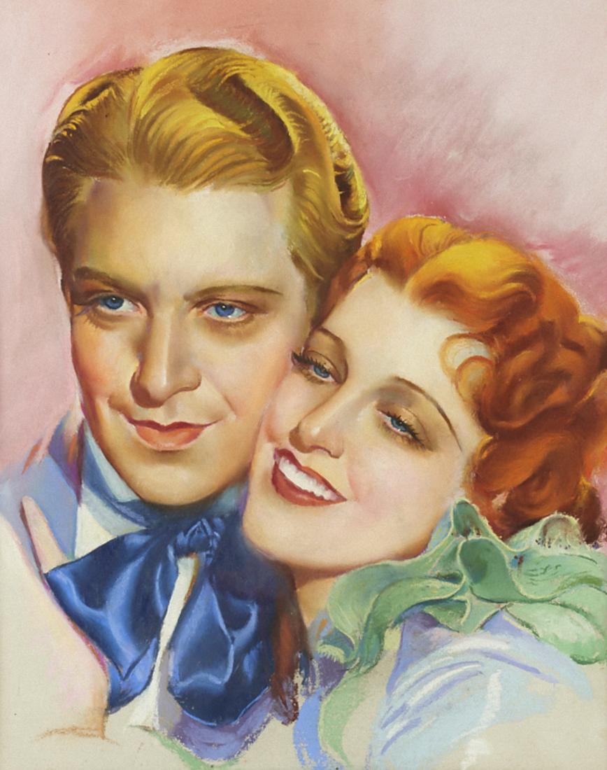 Charles Rubino Nelson Eddy & Jeanette MacDonald Pastel: Charles E. Rubino (American, 1896-1973). Pastel drawing on board depicting American movie star actors and singers Nelson Ackerman Eddy (1901-1967) and Jeanette Anna MacDonald (1903-1965). Sight; heigh