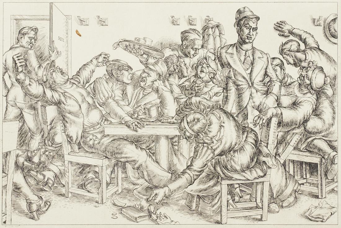 Paul Cadmus "Stewart's" Etching: Paul Cadmus (American, 1904-1999). Etching on paper titled "Stewart's" depicting a rowdy bar or diner scene full of people surrounding a table. Signed in pencil along the lower right. Titled