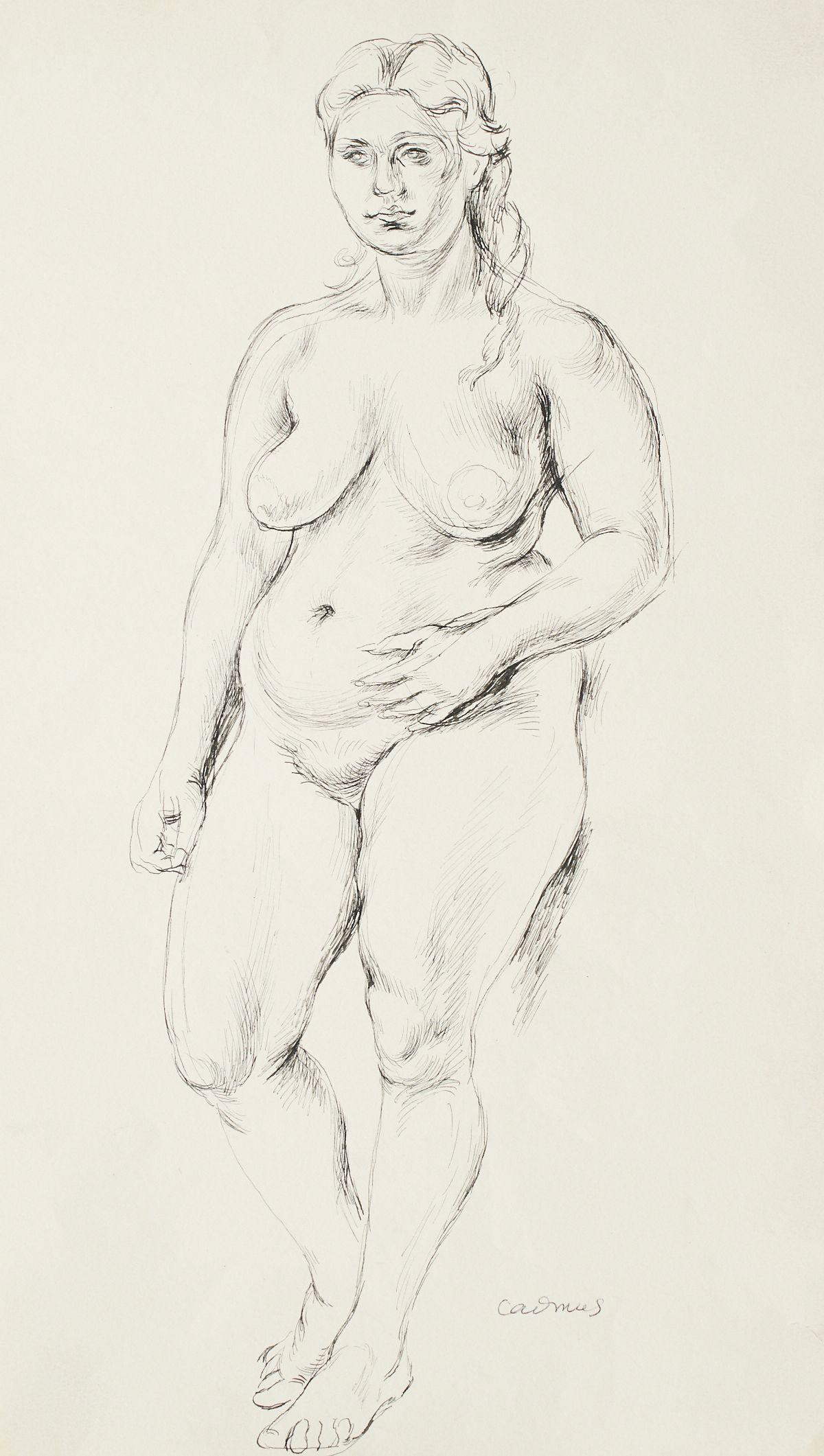 Paul Cadmus Female Nude Ink on Paper: Paul Cadmus (American, 1904-1999). Ink drawing on paper depicting a female nude standing in contrapposto. Signed along the lower right. Provenance: Estate of Paul Cadmus (d. 1999) afterwards Jon Ander