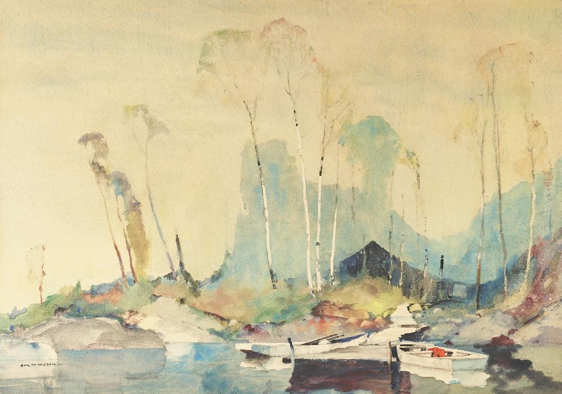 Roy M. Mason Dock Scene Watercolor: Roydon "Roy" Martell Mason (American, 1886-1972). Watercolor on paper depicting a brightly colored dock scene. Signed along the lower left.Sight; height: 21 in x width: 30 in. Framed; height