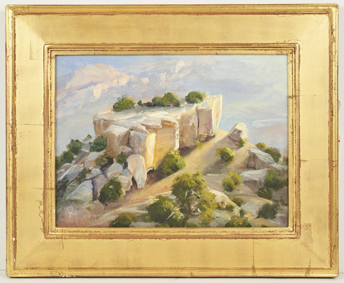 Peter A. Nisbet "Study for Morning Moran Point" Oil on: Peter A. Nisbet (American, b. 1948). Oil on board titled "Study for Morning, Moran Point," depicting a rocky outcrop lit by the morning sun. Initialed along the lower left. Further signed, t