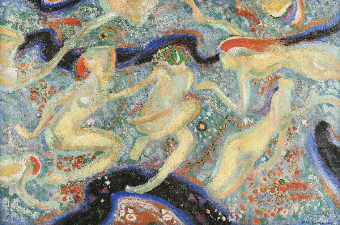 Ward Lockwood Female Nudes Oil on Canvas: John Ward Lockwood (American, 1894-1963). Oil on canvas painting depicting several female nude figures floating amongst a floral abstract background. Signed along the lower right. Inscribed "Lock