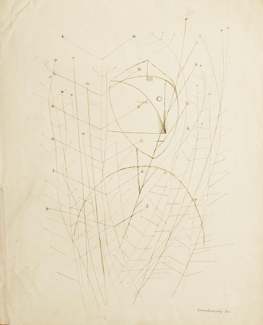 Xavier Gonzalez Abstract Figure Ink Drawing: Xavier Gonzalez (American, 1898 - 1993). Ink on paper drawing of an abstract figure surrounded by a number of branches. Signed and dated '46 along the lower right. Inscribed "90A" along the 