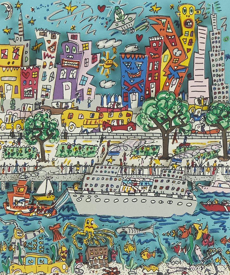 James Rizzi "Bottoms Up" Mixed Media Collage: James Rizzi (American, 1950-2011). Mixed media collage on paper titled "Bottoms Up," depicting a city's waterfront scene. Pencil signed and titled along the bottom left; numbered 138/350, an