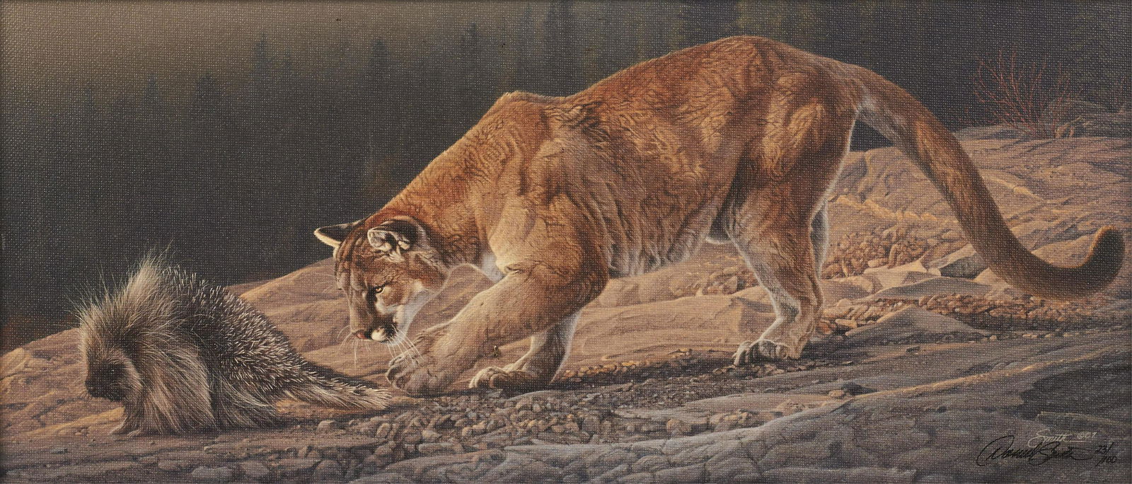 Daniel Smith "Prickly Pursuit" Giclee on Canvas: Daniel Smith (American, b. 1954). Giclee print on canvas depicting a mountain lion following a porcupine along a rugged terrain. Signed, dated 2007, and numbered 23/100 along the lower right.Sight; he