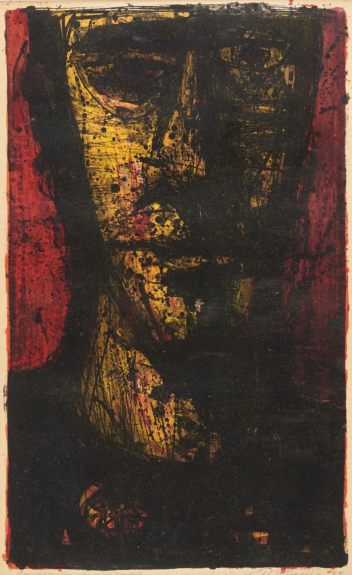 Nathan Oliveira "European Acrobat with Medals": Nathan Joseph Roderick Oliveira (American, 1928-2010). Lithograph on paper titled "European Acrobat with Medals" depicting a dark portrait of a figure in black with accents in red and yellow