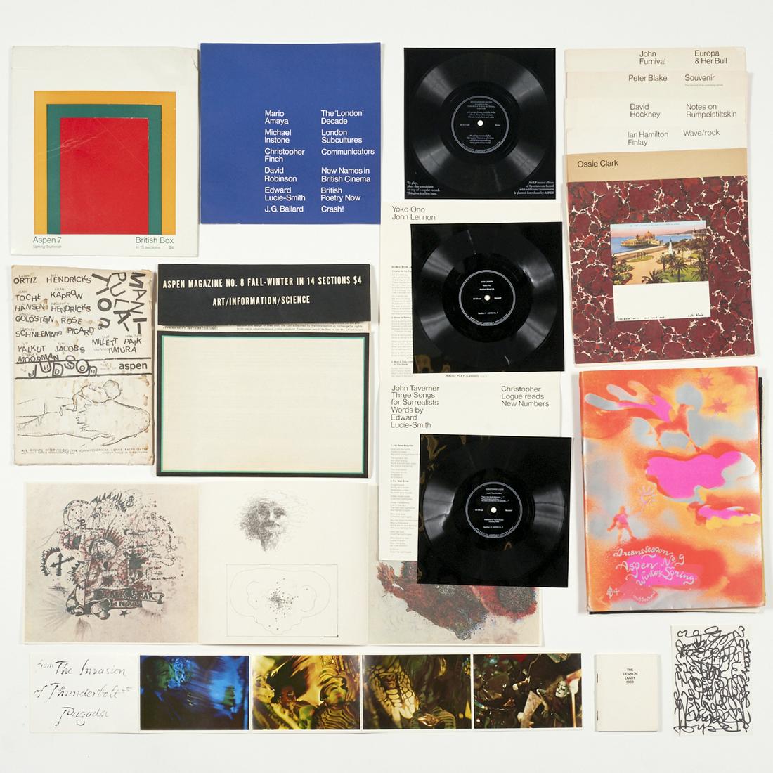 Grp: Aspen Magazine Issues No. 6A - 7 - 8 - 9: Group of Aspen multi-media magazines including issue numbers 6A, 7, 8, and 9. Aspen was published from 1965 to 1971 and included flexidisc phonograph recordings, posters, and postcards. Aspen No. 7 Sp