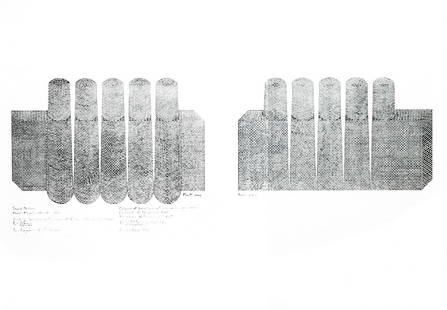 Siah Armajani "Sound Towers" Lithograph: Siah Armajani (Iranian-American, 1939-2020). Lithograph on paper titled "Sound Towers" from Armajani's "Tower Projects," 1969-70. Numbered 31/50, signed, and dated '72 in pencil al