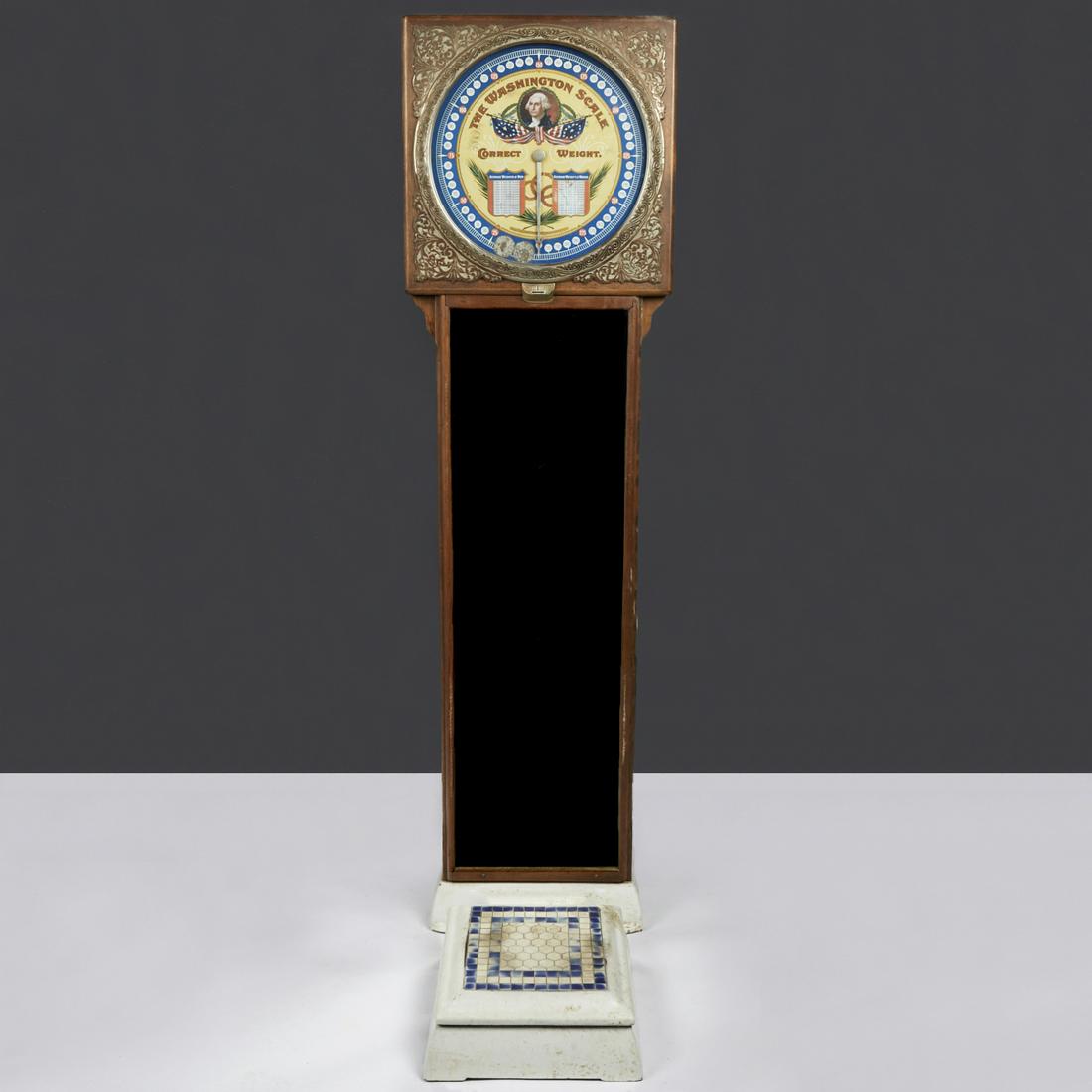 1Â¢ Rare Caille Bros. George Washington Scale: Caille Bros., Chicago, USA. Rare coin operated George Washington scale. Rich mahogany cabinet with ornate nickel plated castings, and original tile platform. The colorful dial bears the portrait of Ge