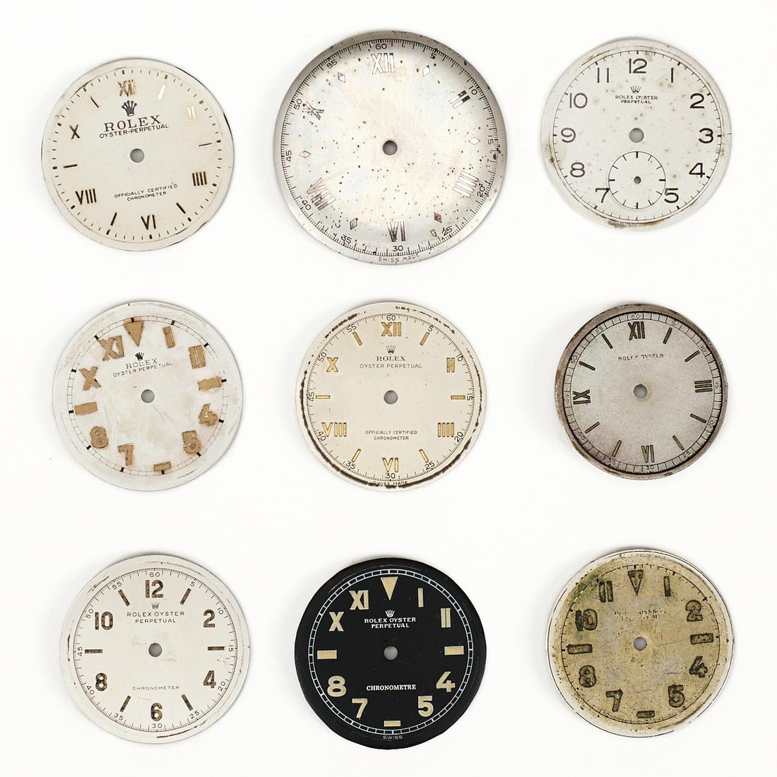 Grp: 9 Rolex Watch Face Dials - Oyster Perpetual: Group of nine Rolex watch dials. Includes seven Oyster Perpetual dials; 1 Oyster dial; and one unmarked dial with Roman numerals.