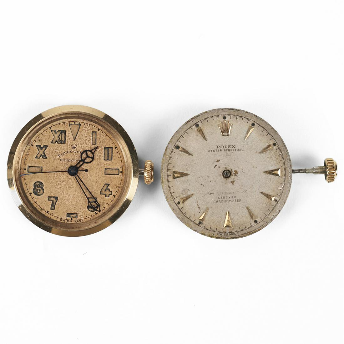 Grp: 2 Rolex Watch Movements & Dials: Group of two partial Rolex watches, both made up of the movement and dial. One Rolex Oyster Chronometer with both Roman and Arabic numerals on the dial and the monogram "Nick D. Costalas" al