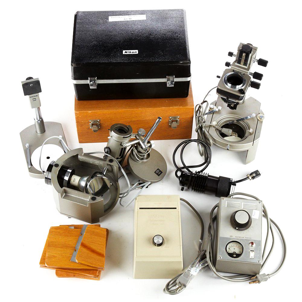 Olympus OM Auto Bellows OM System and Nikon Microscope: Group of camera equipment, including an Olympus OM Auto Bellows OM System and a Nikon microscope system.