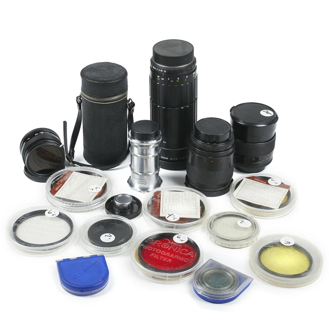 Grp: Camera Lenses - Zeiss Jhagee Schneider: Group of assorted camera lenses, filters, and accessories from brands including Carl Zeiss, Jhagee, and Schneider-Kreuznach.